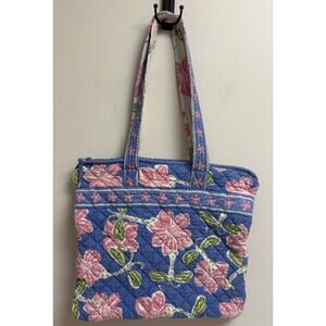 Pomegranate Quilted Floral Tote Bag Blue Pink Cotton Zipper Top Shoulder Bag